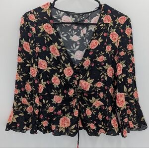 Zara Women Floral V-neck Top Large 3/4 Flare Sleeve Black pink Boho Romantic